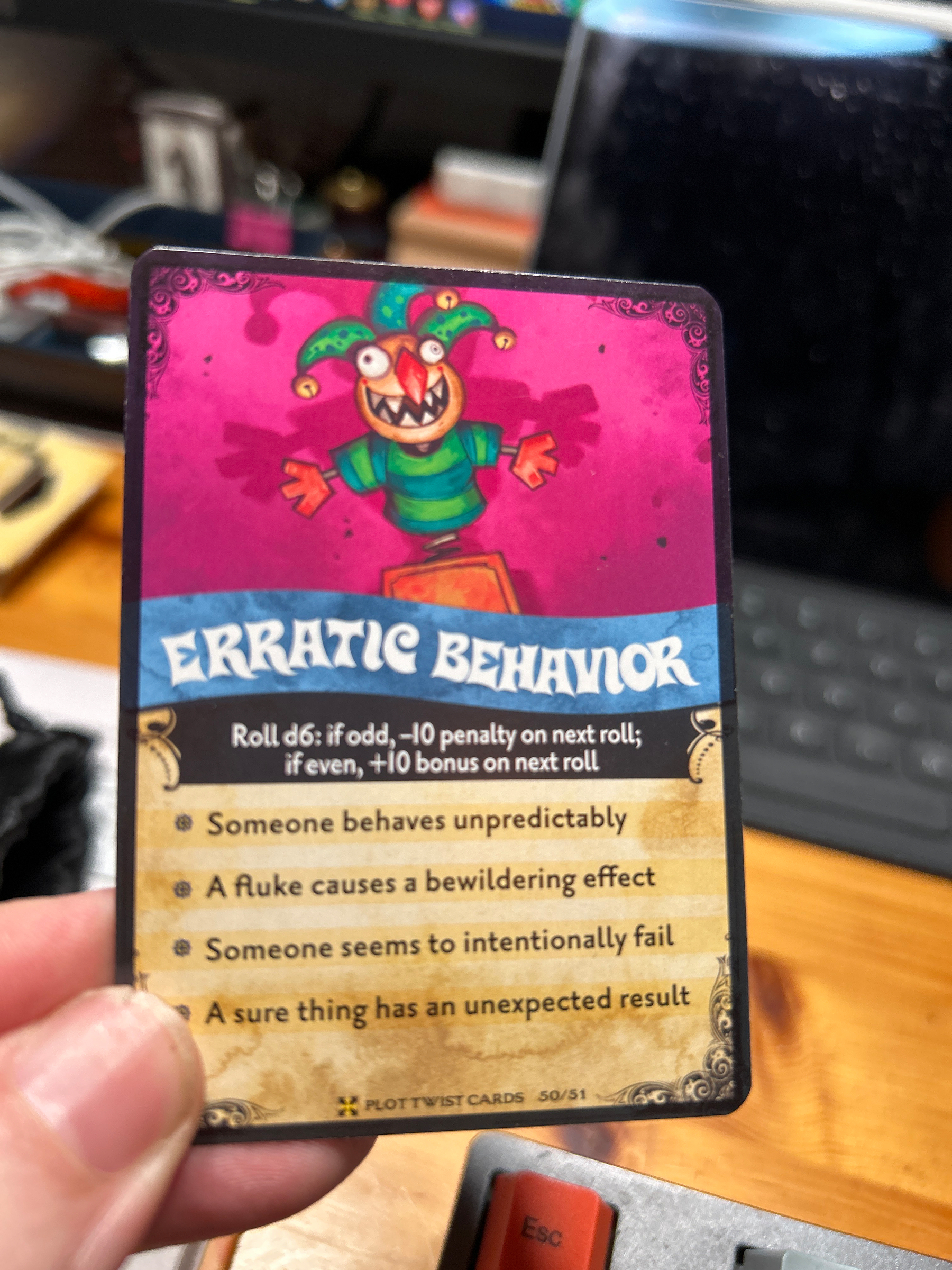 Beispiel eine Plottwistcard mit „Erratic Behavoir“